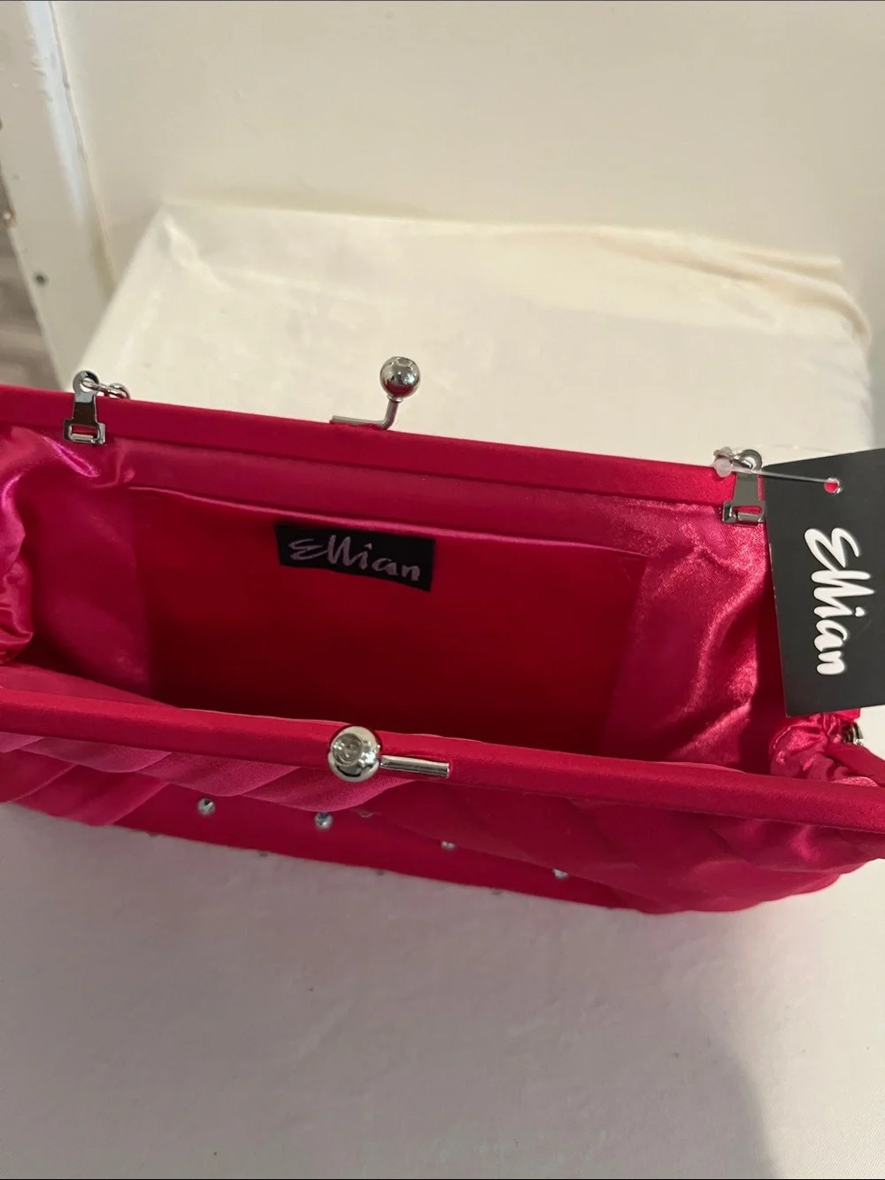 Fuchsia Satin Pleated Evening Clutch with Crystal Accents